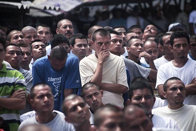 Un grupo de activos de la Mara Salvatrucha encerrados en el Centro Penal Ciudad Barrios, centro que en la actualidad acoge la mayor concentración de pandilleros del país: más de 2,500. Foto Fréderick Meza (El Faro).